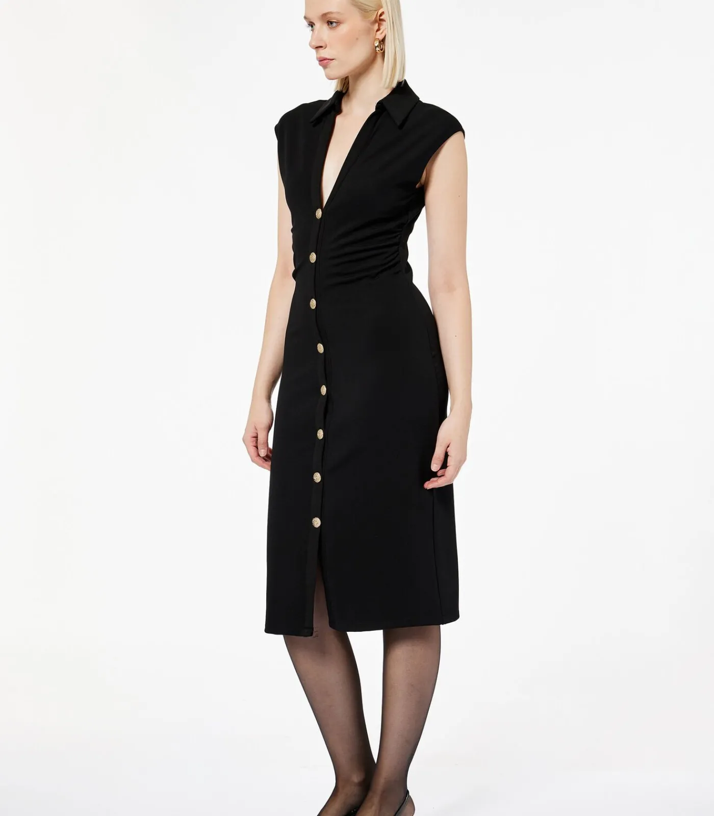 Koton Zwarte Midi-jurk V-hals Knopen Mouwloos black Clearance