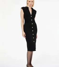 Koton Zwarte Midi-jurk V-hals Knopen Mouwloos black Clearance