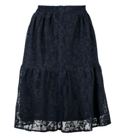 Conquista Zwarte rok met kantjacquard – Zachte textuur van polyester, onder de knie, elastische taille black Discount