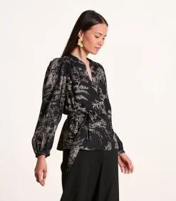 La Fée Maraboutée Zwart-witte top met print, ceintuur en lange mouwen black Best