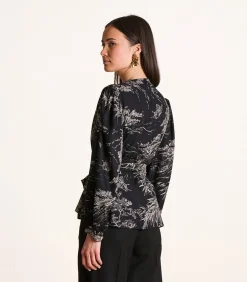 La Fée Maraboutée Zwart-witte top met print, ceintuur en lange mouwen black Best