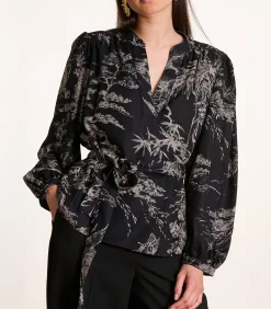 La Fée Maraboutée Zwart-witte top met print, ceintuur en lange mouwen black Best